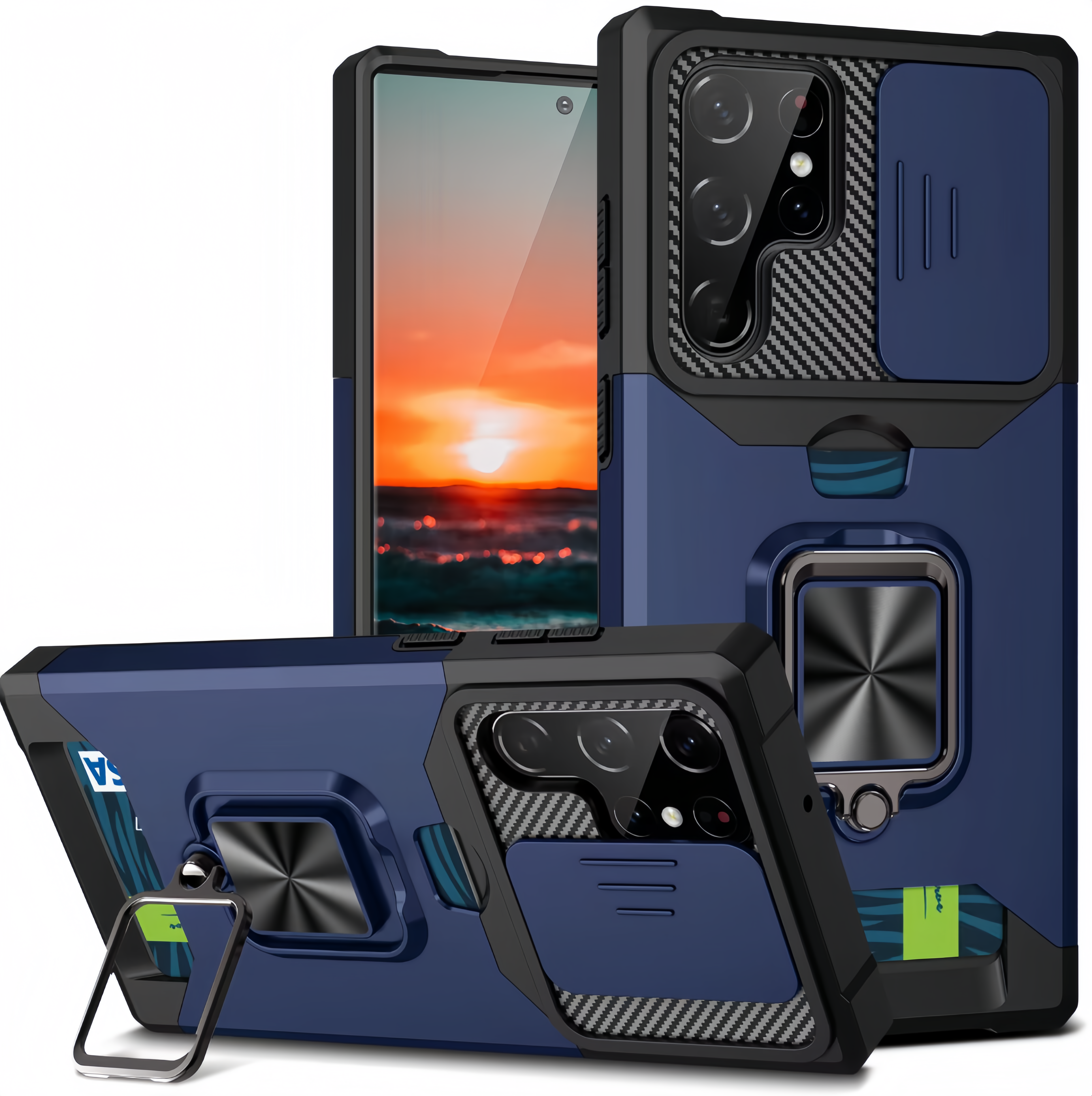 (1/100x Pack) S23 Series Magnetic Heavy Duty Samsung Case With Lens Cover + Card Holder