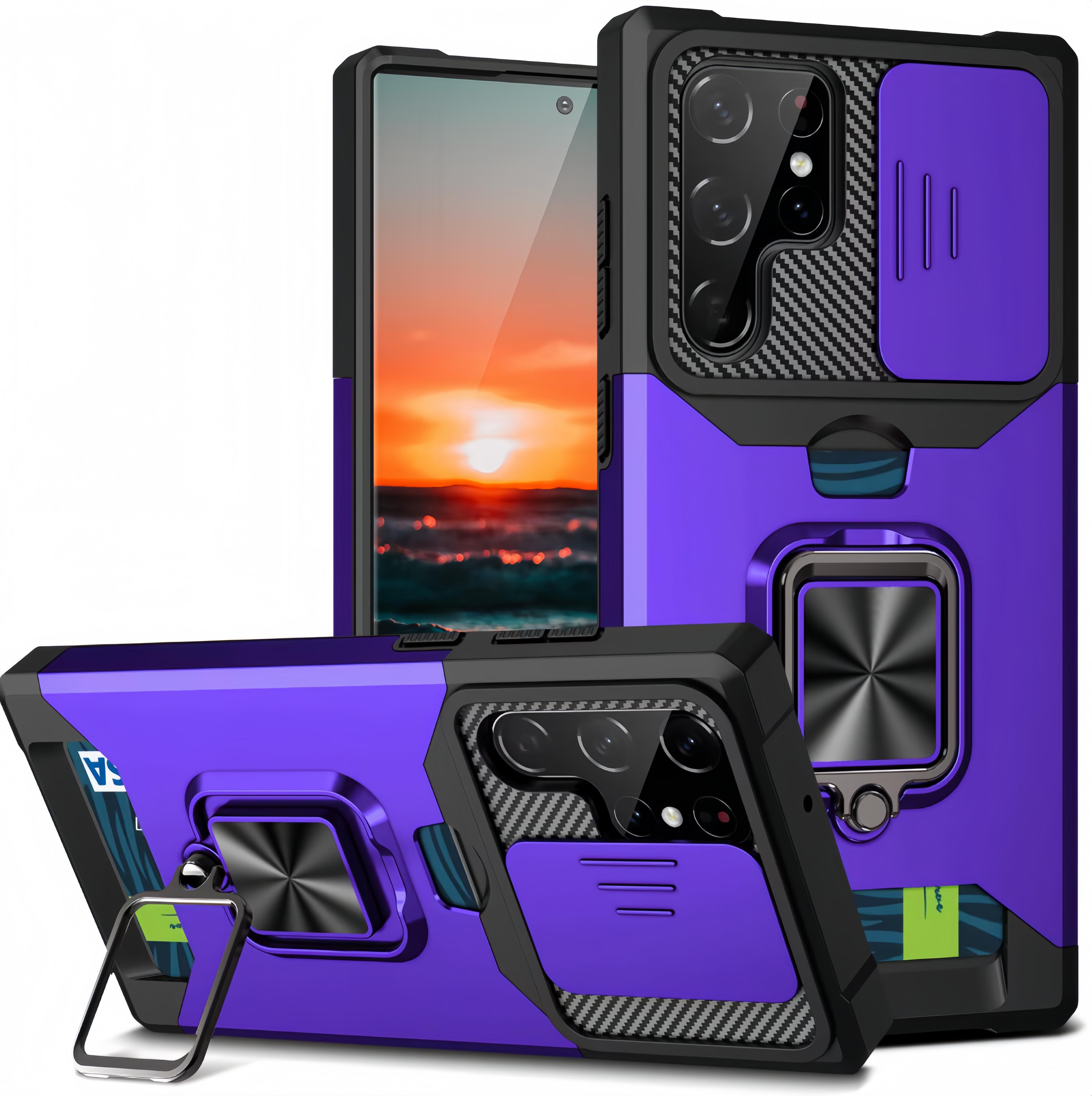 (1/100x Pack) S23 Series Magnetic Heavy Duty Samsung Case With Lens Cover + Card Holder