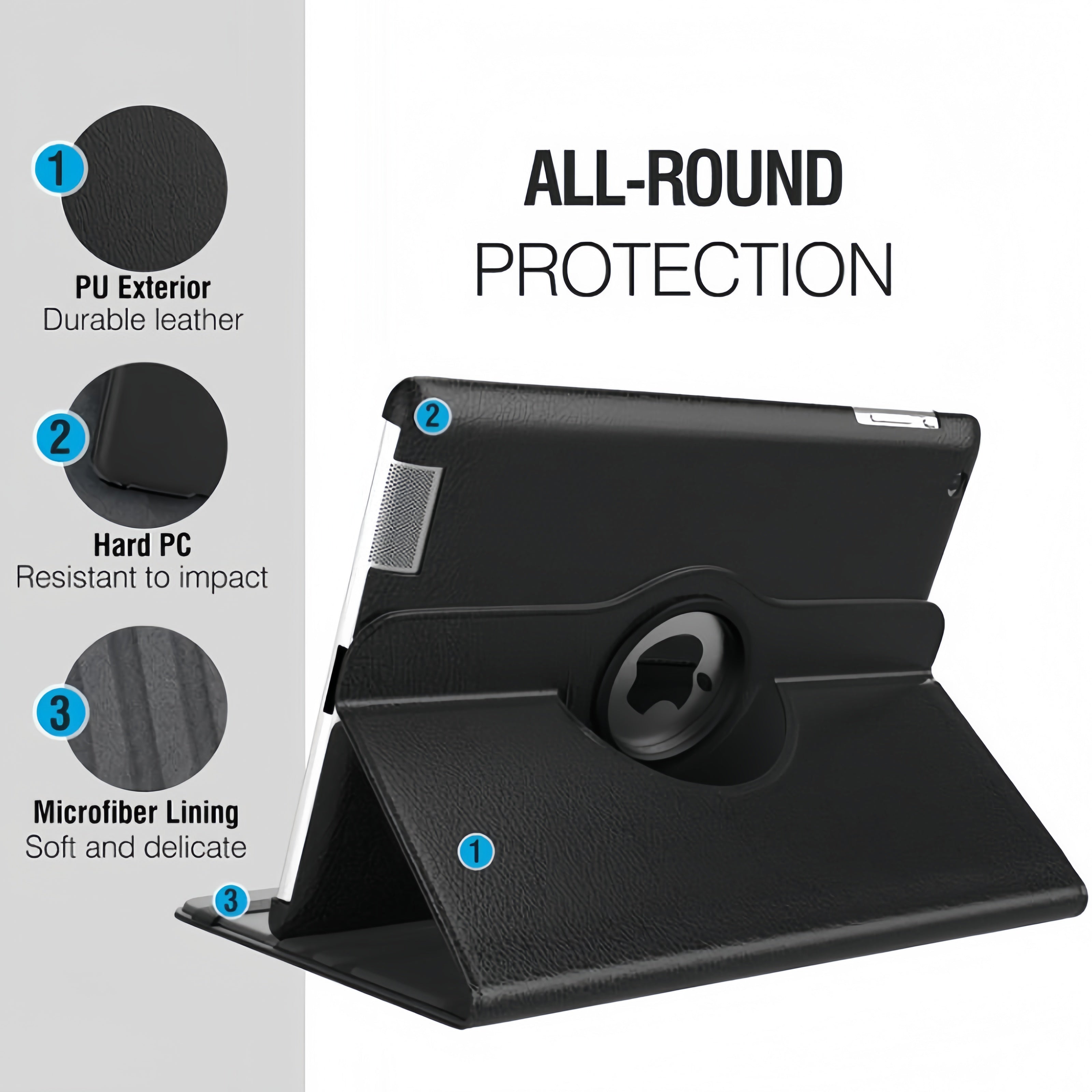 (1/100x Pack) Apple iPad Generation Gen 9, 10, 11 360 Degree Rotating Vegan Leather Protective Case For iPad