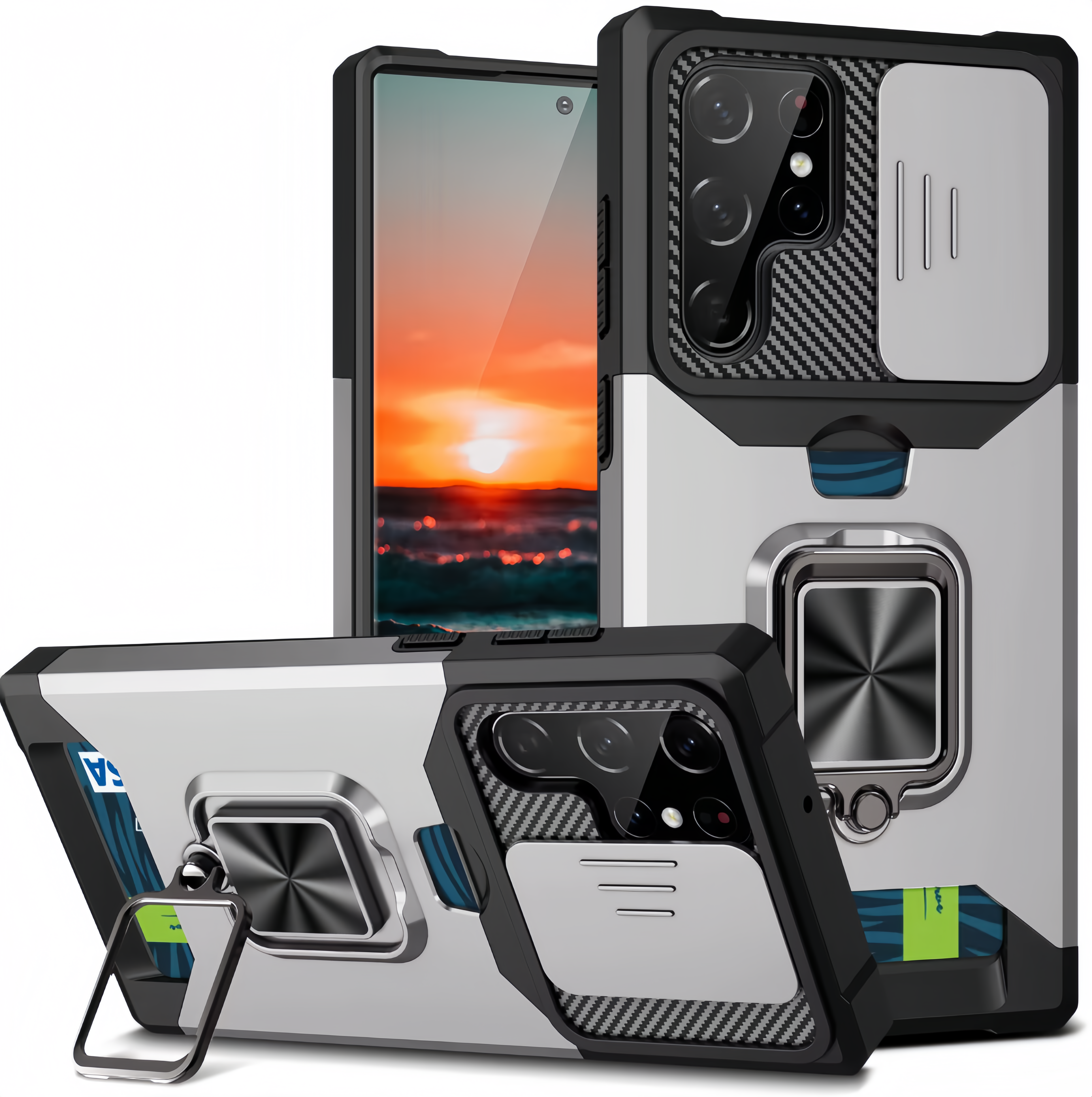 (1/100x Pack) S24 Series Magnetic Heavy Duty Samsung Case With Lens Cover + Card Holder