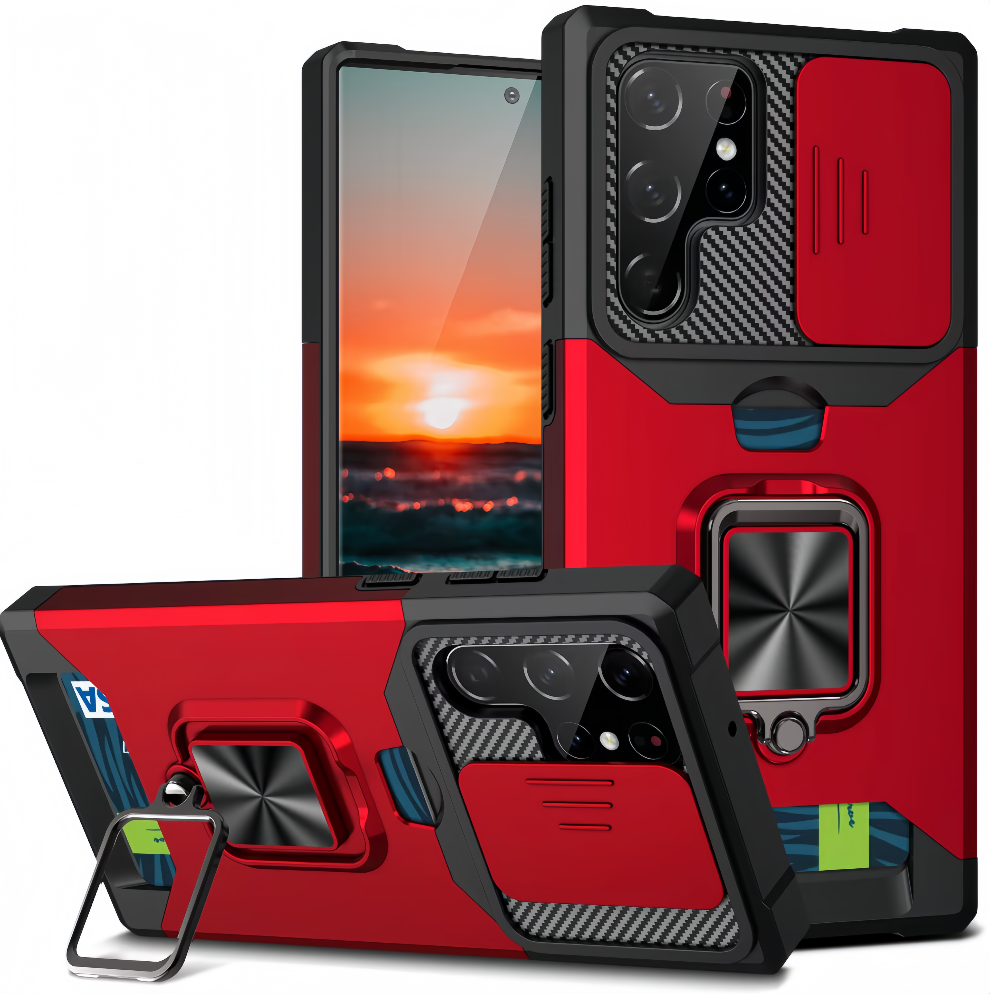 (1/100x Pack) S23 Series Magnetic Heavy Duty Samsung Case With Lens Cover + Card Holder