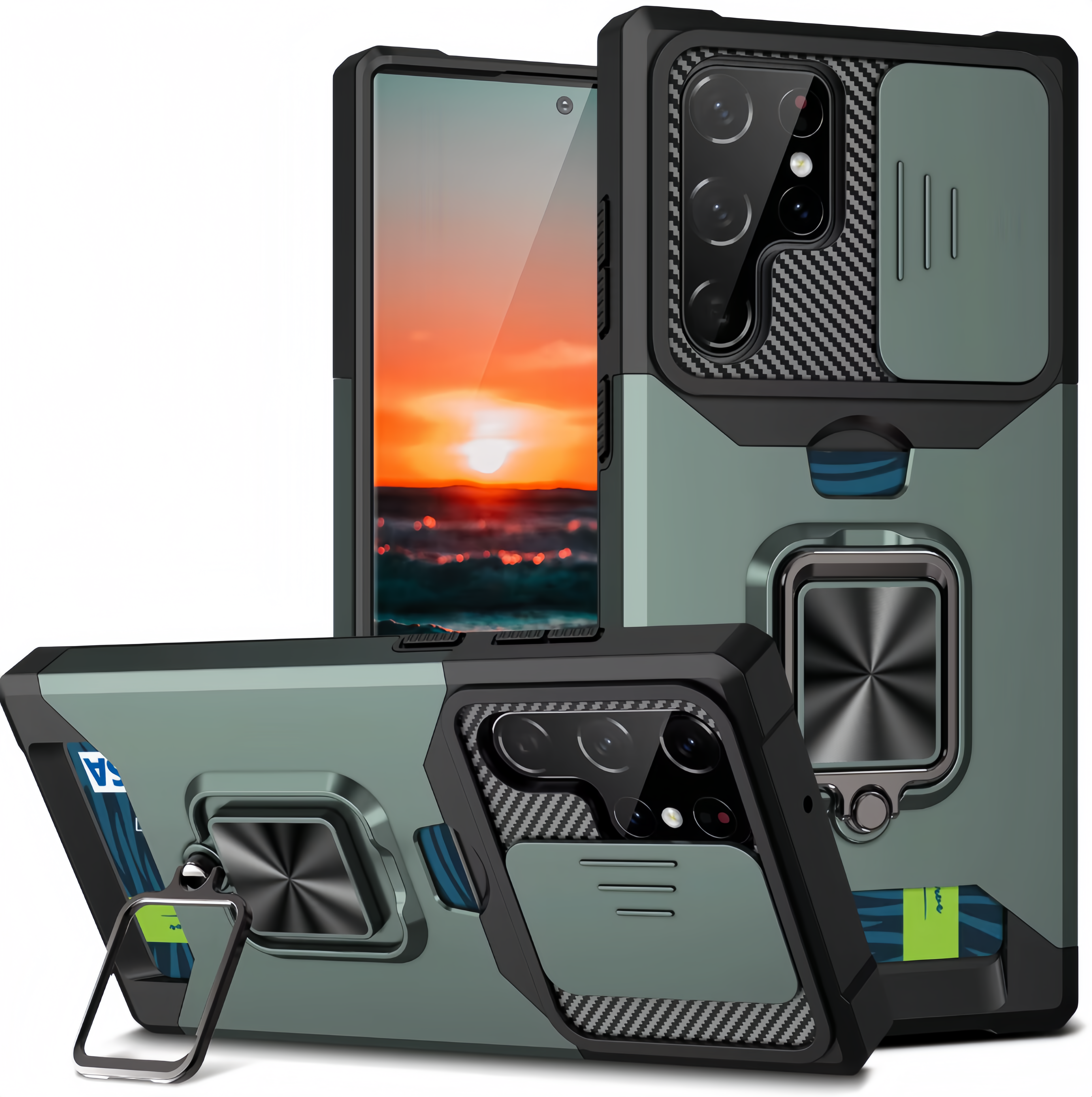 (1/100x Pack) S24 Series Magnetic Heavy Duty Samsung Case With Lens Cover + Card Holder