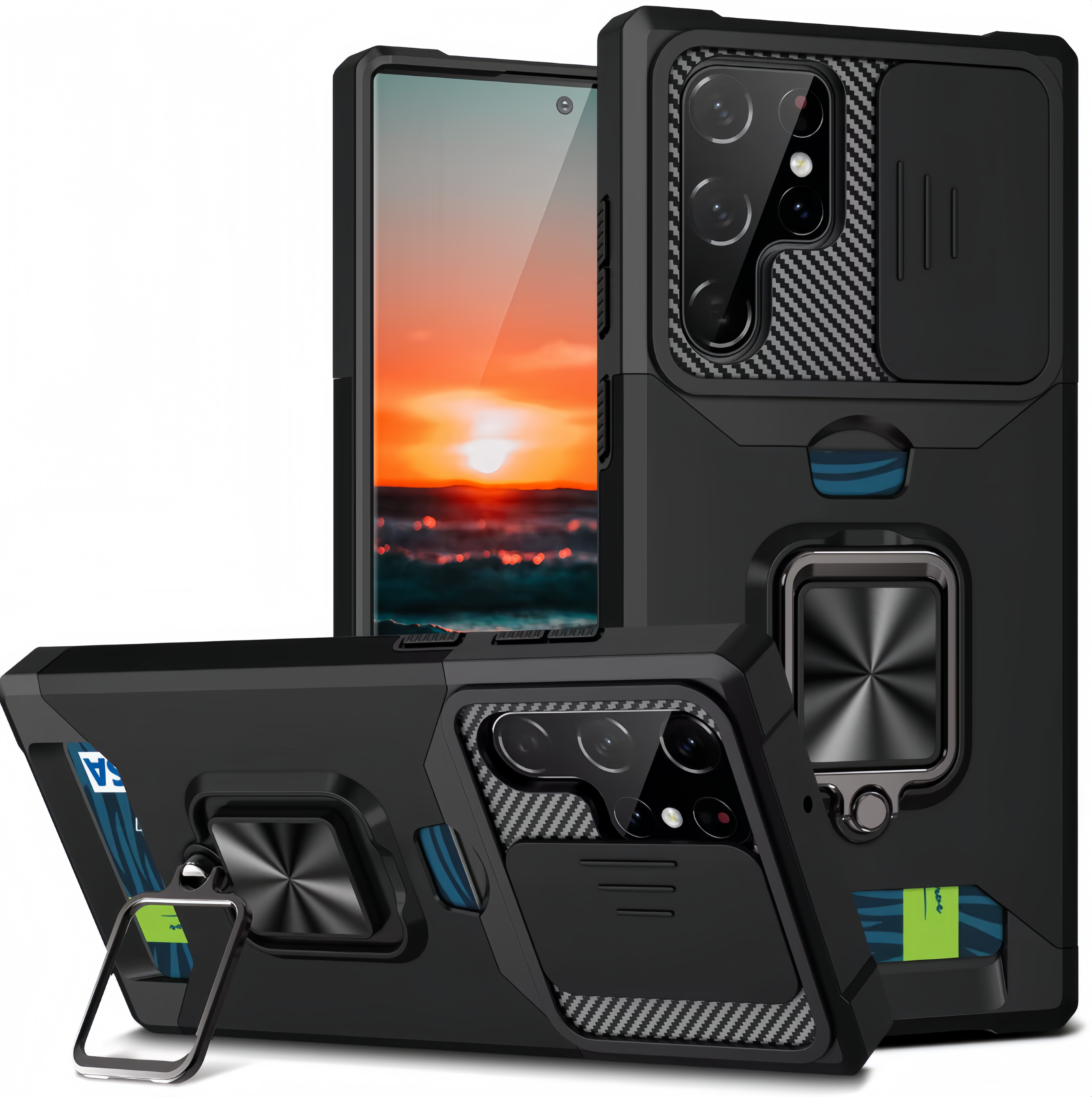 (1/100x Pack) S23 Series Magnetic Heavy Duty Samsung Case With Lens Cover + Card Holder